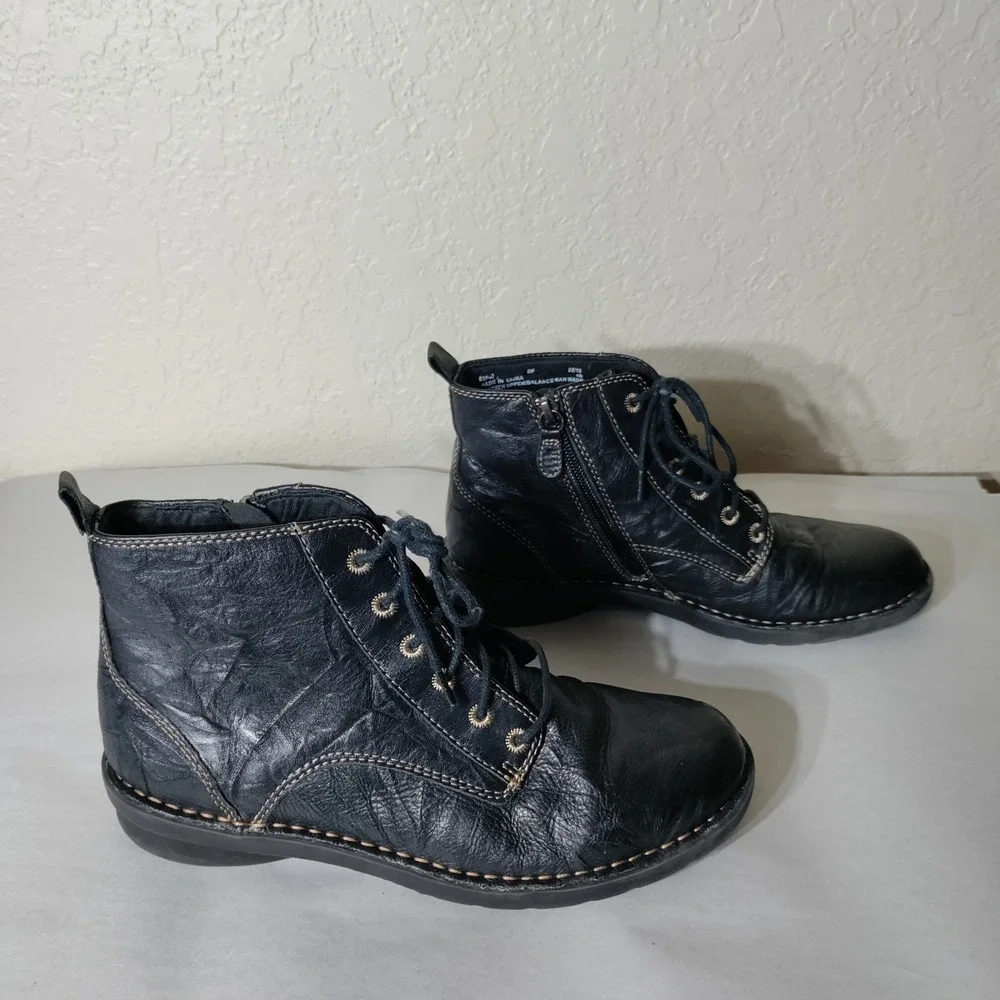 Clarks Black Leather Ankle Boots Lace Up Side Zip Combat Booties Womens 8M